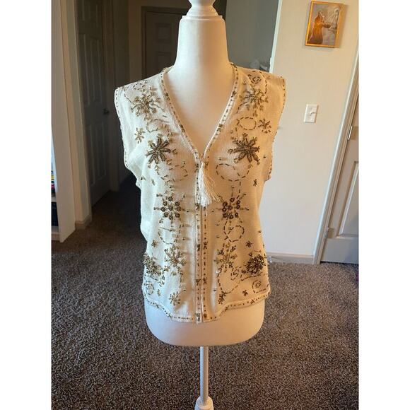 Vintage Holiday White Gold Beaded Vest Grandma Core Fall Christmas Nostalgia - Picture 1 of 8